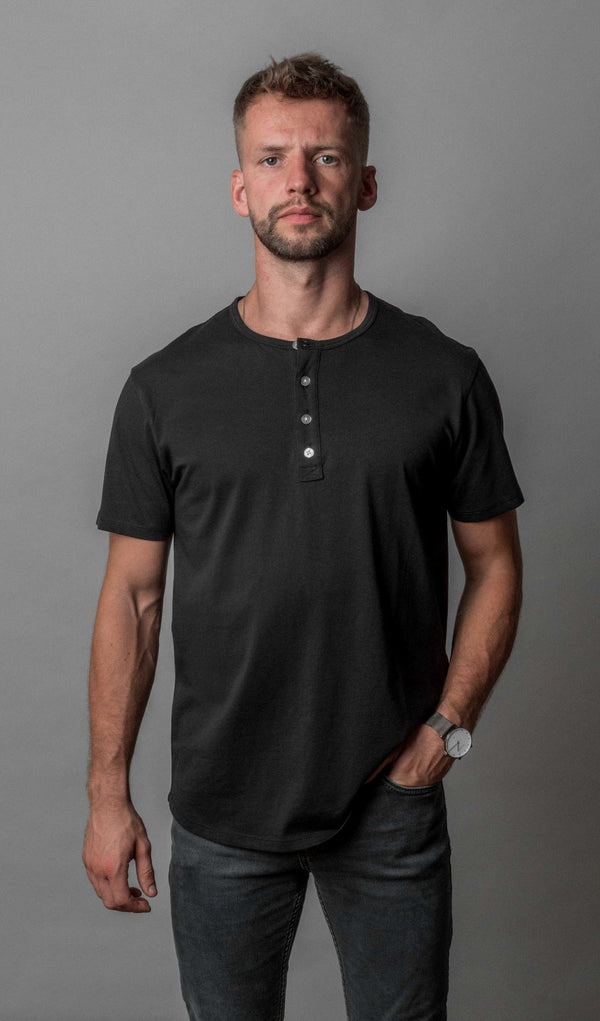 Pima Curved Hem Tee Henley - Black Reactive