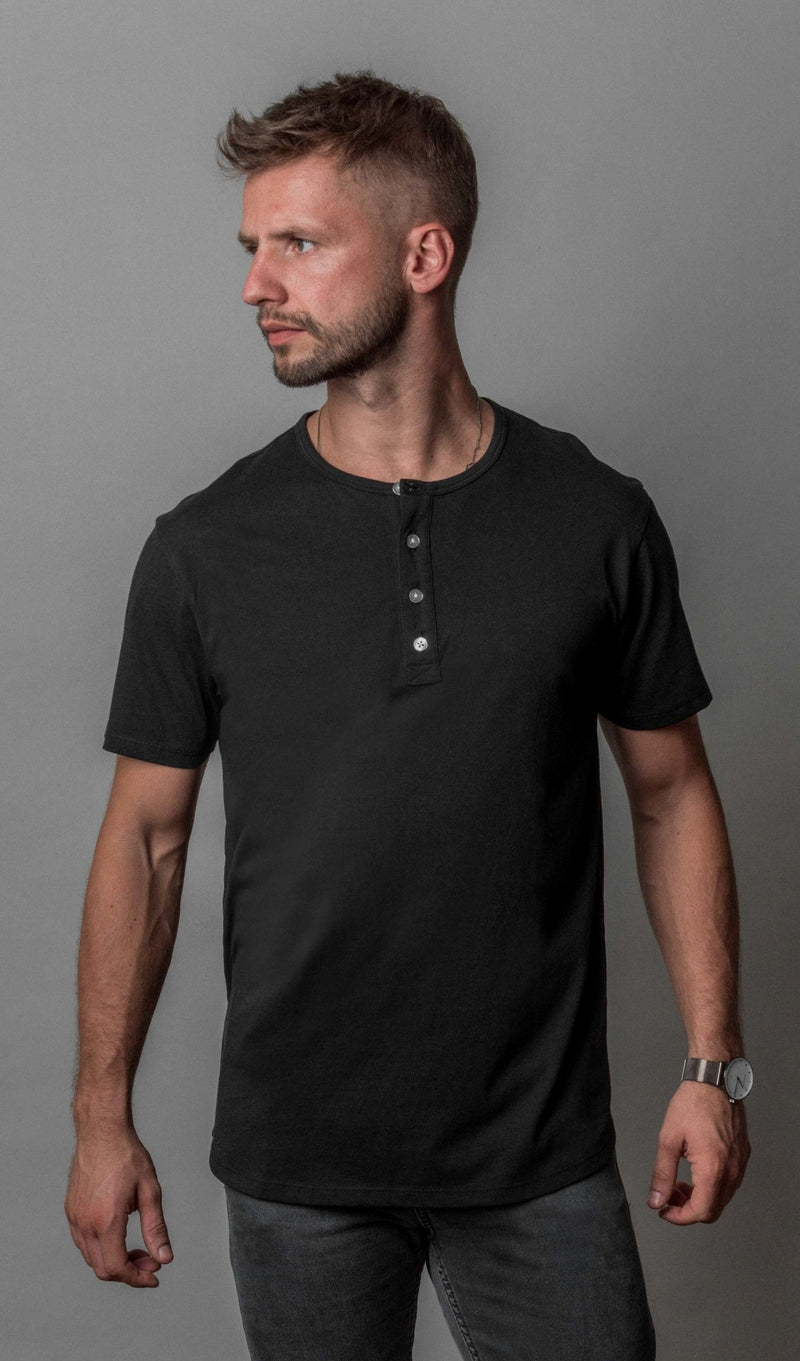 Pima Curved Hem Tee Henley - Black Reactive