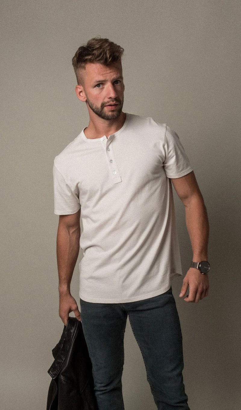 Pima Curved Hem Tee Henley -  White Reactive